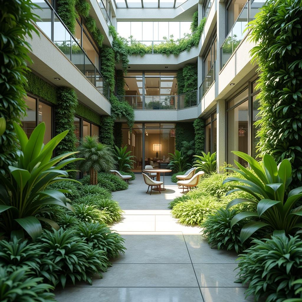 Modern business office surrounded by lush greenery and plants. Tranquil atmosphere with abundant indoor plants. Seating area located in a bright and open courtyard.