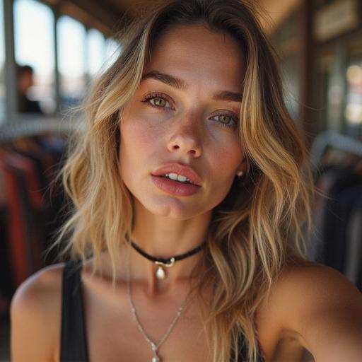 A sharp selfie with an informal snapshot quality. Slight motion blur and bright lighting. Casual, slightly awkward angle. Subject has an open mouth, loose cigarette. Background suggests post-party atmosphere.