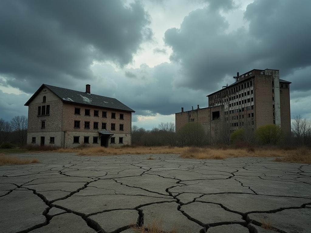 The image depicts abandoned industrial buildings set against a stormy sky. The foreground shows a barren landscape with cracks in the ground, suggesting an area that has seen little activity for some time. In the background, there are two prominent structures: one with broken windows and a slightly sagging roof, and another that seems larger and more decrepit. Dark clouds loom overhead, hinting at an impending storm, which adds an uneasy atmosphere to the scene. The overall feeling is one of desolation and neglect, capturing the beauty of decay.