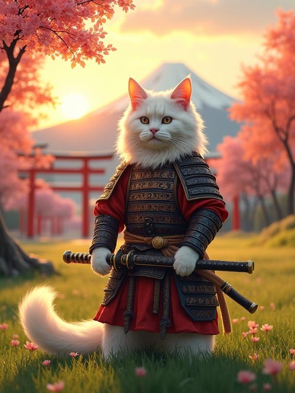 Majestic white Angora cat wearing samurai armor holding katana standing in lush green meadow under sunset surrounded by cherry blossom trees and red maples with torii gate and Mount Fuji in background