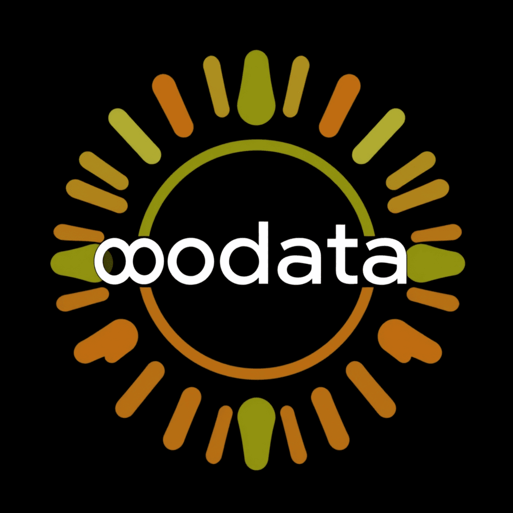 An abstract sunburst design with the word 'odata' in the center.