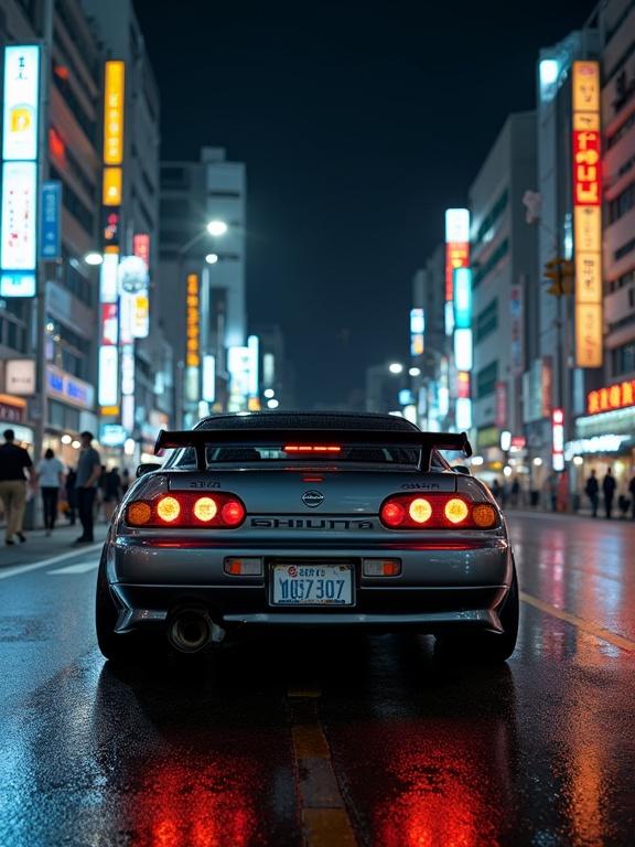 Realistic night cityscape in Tokyo Shibuya with cinematic angle. Gray matte Nissan Silvia S15 parked under orange streetlights. Moody atmosphere with wet pavement reflections. Urban drift vibe visible.
