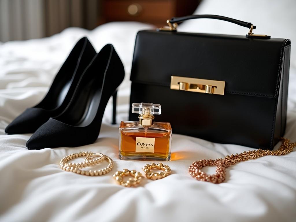 The image features a stylish pair of black high heels carefully placed beside a luxurious handbag. A beautifully designed perfume bottle sits at the center, exuding elegance and allure. Gold jewelry pieces, including bracelets and earrings, are artistically arranged nearby, enhancing the richness of the scene. Soft bedding serves as the backdrop, adding a cozy touch. The overall composition communicates a sense of sophistication and fashion-forwardness, perfect for a lifestyle or beauty showcase.