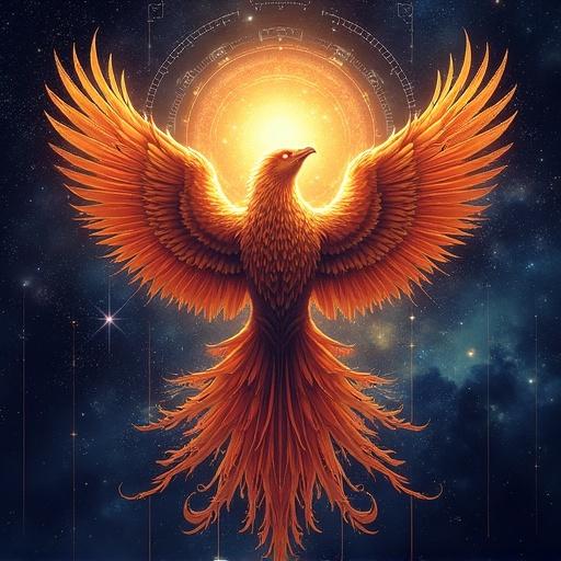 Cosmic phoenix in vibrant colors against a dark starry background. A logo designed for music, particularly prog rock. Elements of cosmography and mythical representations are present.