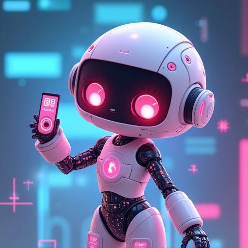 Cute anime robot girl mascot in futuristic clothing with glowing circuits. Soft pastel colors and big expressive eyes. Holding a small MimicPC logo. Digital background features tech patterns. Represents AI assistant vibes with sparkles and a clean style.