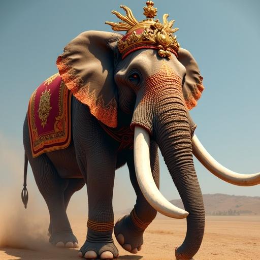 A strong large elephant adorned in vibrant festival attire with stunning white tusks.