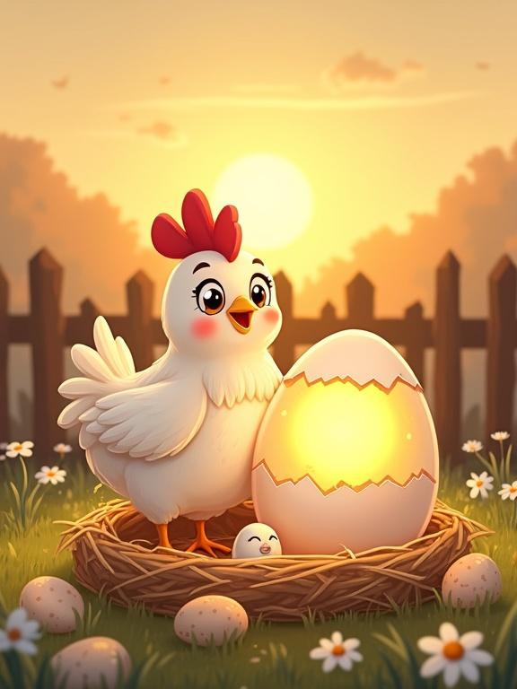 A charming cartoon illustration features a proud chicken. Chicken stands beside an oversized egg. Egg has a warm, cracked glow. Cozy nest of straw surrounds them. Scattered normal-sized eggs and playful elements appear. Tiny mouse peeks in awe. Sunhat lies beside the nest. Background shows a rustic farm with a wooden fence. Blooming wildflowers are present under a golden sunset sky.