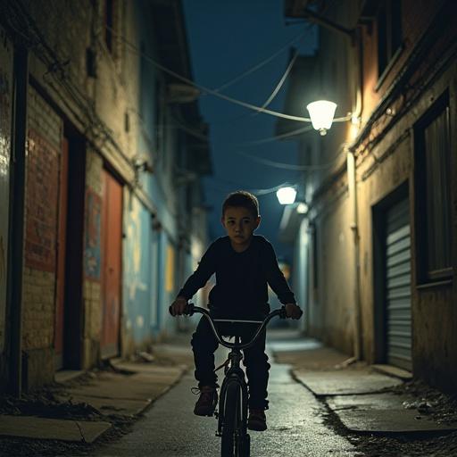A street kid riding a BMX bicycle in an urban decay alleyway. Child looks towards camera. Scene is at night.