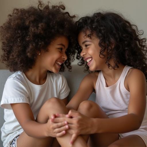 Two girls with curly hair smile. They sit closely together and grab each other's ankles. Soft light highlights their faces. They wear comfortable and casual outfits.