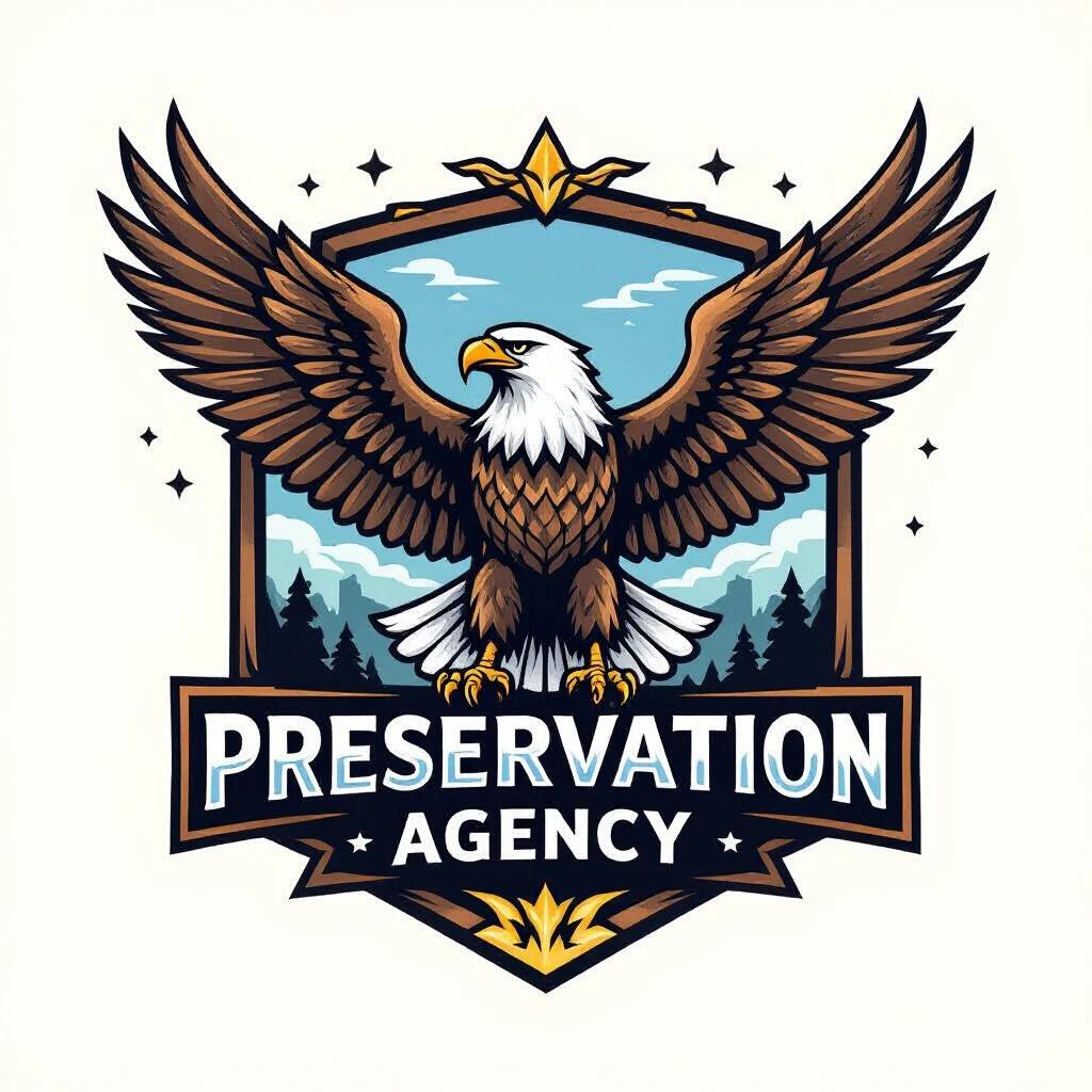 Design logo for preservation agency. Agency processes chat logs from Minecraft communities into historical narratives. Eagle symbolizes authority. Wings have unreadable historical inscriptions. Logo projects power and stability.
