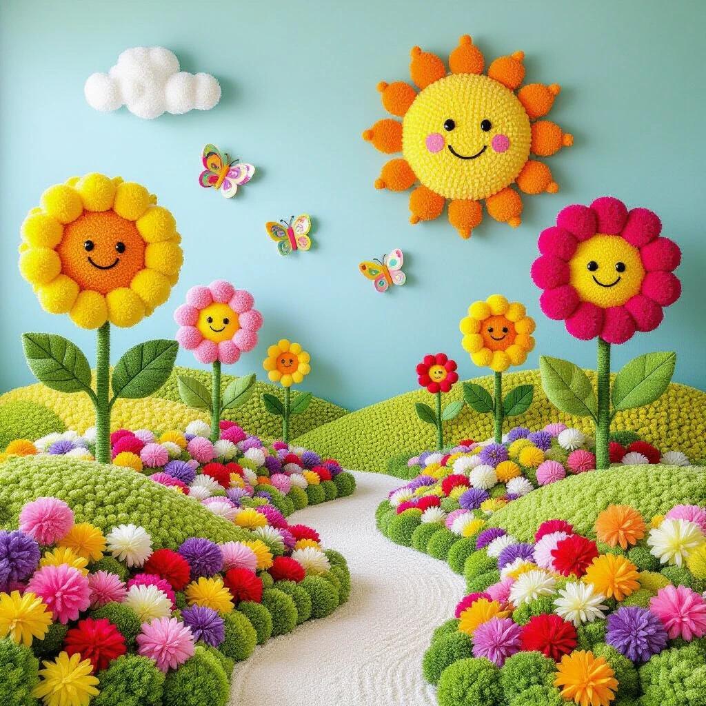 Vibrant pom pom art installation features whimsical garden scene made from colorful fluffy pom poms. Giant sunflowers with yellow petals and orange centers tower over rolling hills of textured green pom poms. Pink and purple pom pom flowers are dotted throughout landscape. Cheerful sun made from golden yellow pom poms beams overhead. Winding path of white and cream pom poms leads through scene. Pom pom butterflies with rainbow wings flutter between flowers. Composition showcases fuzzy, rounded texture of various sized pom poms for depth. Bright saturated colors include sunshine yellow, bubblegum pink, lime green, sky blue, lavender purple. Studio lighting emphasizes soft texture and creates gentle shadows between pom poms.