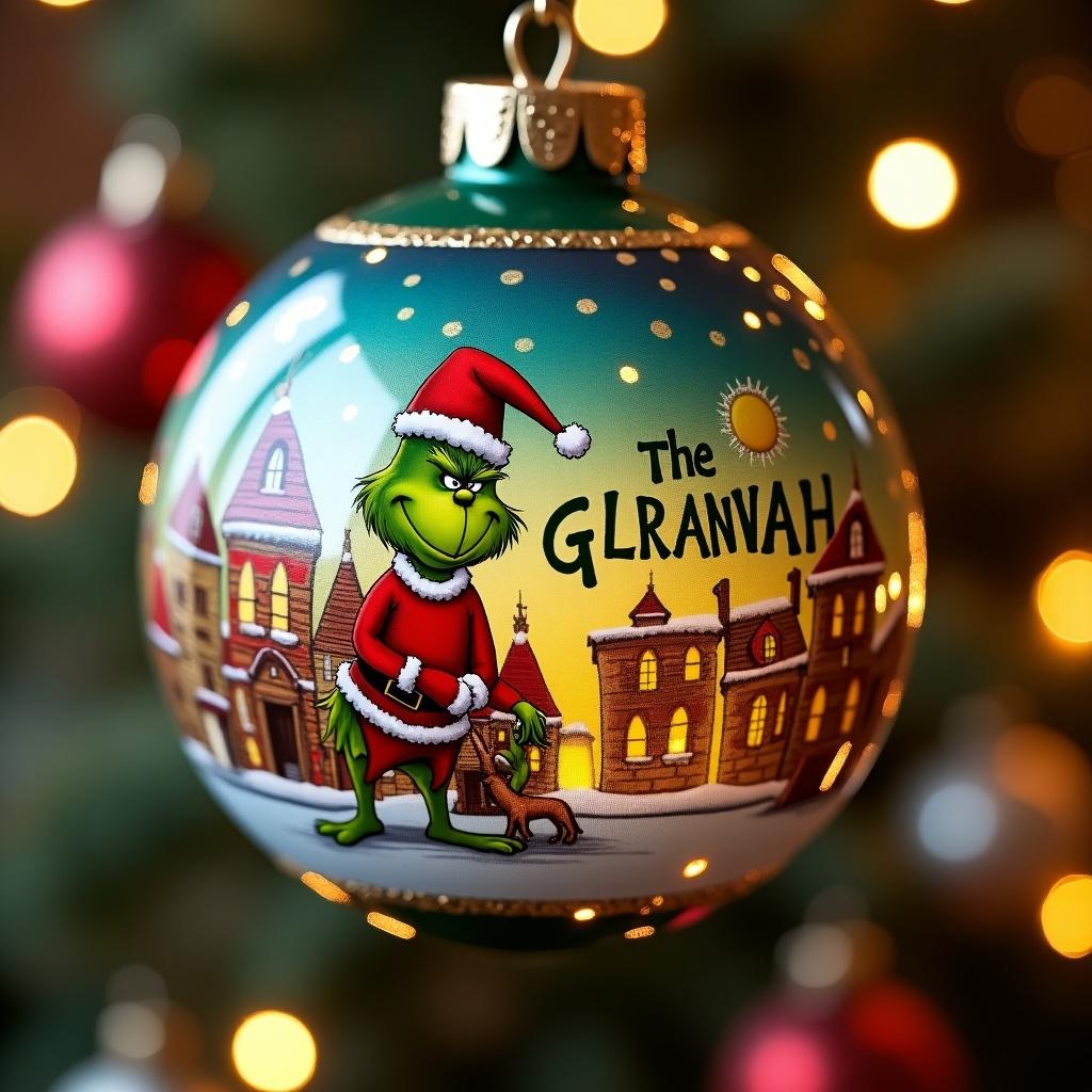 The Grinch in a Santa suit on a bauble. The word 'The Grawnah' is prominently displayed. Background features soft lights and Christmas decorations.