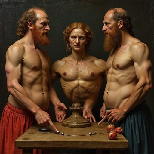 Three muscular male figures pose around a table. A central figure has no face visible. The table has a circular object and apples. Three figures exhibit different body types and postures. The scene has a classical painting quality.