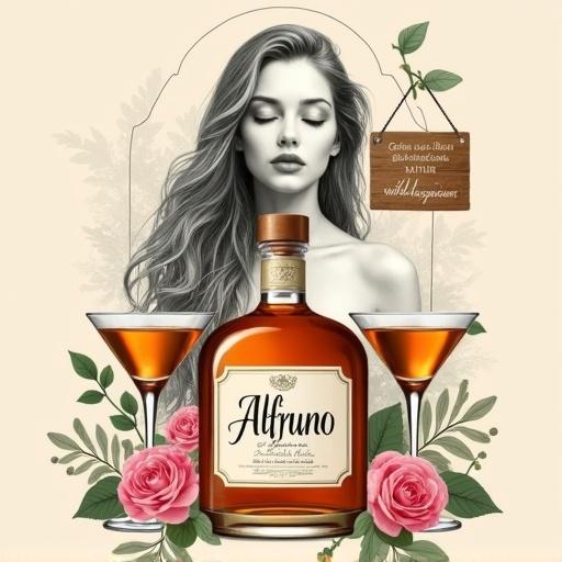 Stylized and artistic layout featuring a central apothecary-style bottle of Alfruno liquor. Flanked by two martini glasses filled with amber liquid. The bottle is amber-colored with a white label displaying the brand name Alfruno in elegant script. Above the bottle is a monochrome illustration of a woman's face with closed eyes and long flowing hair. Surrounding the bottle are decorative elements including pink roses and green foliage. In the top right corner, a small wooden sign hangs with the text 'Genuss aus dem Garten der Natur - wild und besonders'. The background is a soft beige.