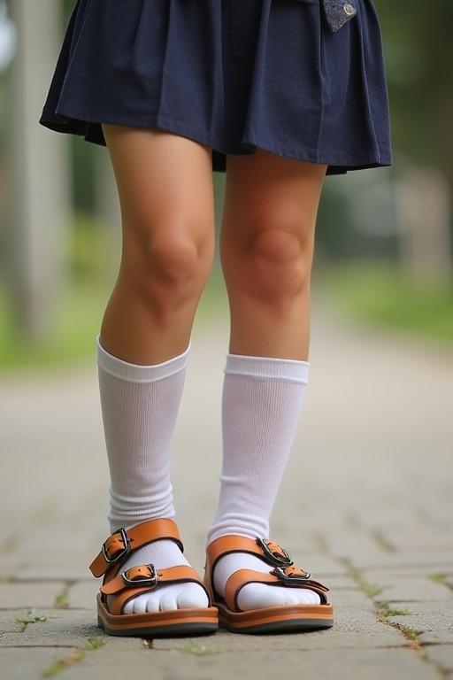 Children's legs wearing sandals and socks, standing on a path in a school setting.