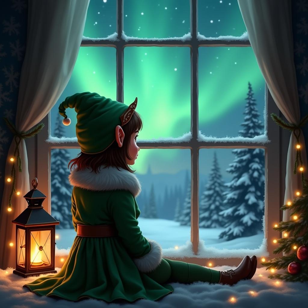 Image depicts a lonely girl elf in green outfit seated by a window. She looks out at northern lights illuminating a snowy landscape. A lantern radiates warm light beside her. The scene conveys a magical atmosphere filled with Christmas joy.