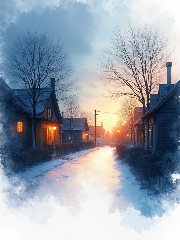 A quiet village at night depicting a snowy street. Houses are gently illuminated by street lamps. Watercolor techniques used to create soft colors and fluidity. Evokes cinematic wonder and beauty in simplicity.