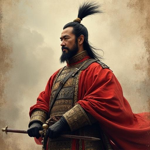 Create a Chinese military warrior from the era of General Sun Tzu. Portray a figure wearing traditional armor and holding a sword, with a dramatic and heroic expression against a textured background.