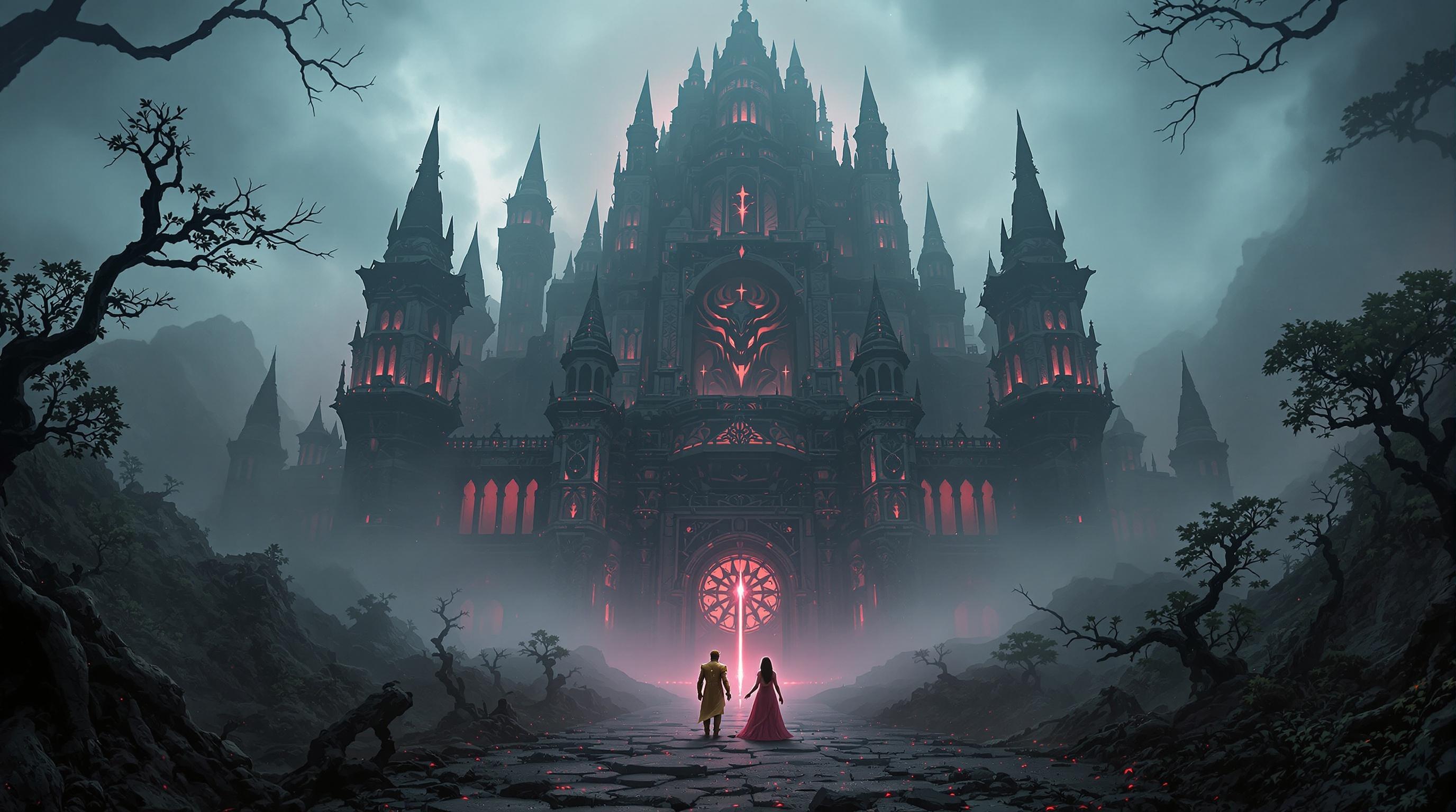 Colossal palace in mist. Jagged spires and dark stone. Ominous red glow from windows. King Rudrasen with Amritdhara Sword. Queen Mriganjali in shimmering saree. Twisted trees and skeletal remains around. Dark jungle setting. Sense of dread and tension.