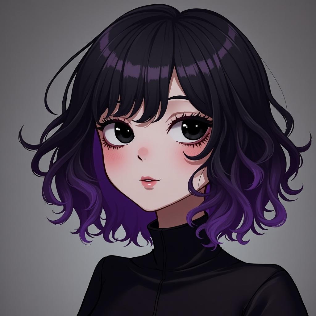 Character design inspired by Arcane style featuring short, wavy hair with purple roots and the rest black. Gothic aesthetic with black eyes.