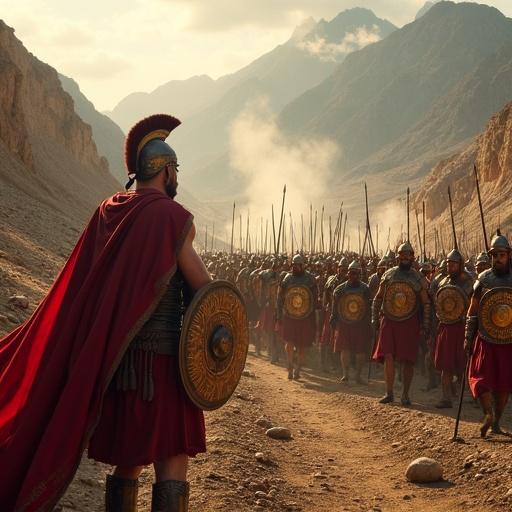 Hyperrealistic photograph depicting the last stand of Spartans at Thermopylae. King Leonidas prominently featured wearing a red cloak and bronze armor. Spartan warriors arranged in phalanx formation wielding long spears. Persian Immortals clad in scale armor advancing. Narrow mountain pass with looming cliffs. Persian arrows saturating the sky above. Fallen warriors on the ground. Steam rising from hot springs in the background. Mount Oeta visible in the distance. Bronze weapons reflecting warm sunlight.
