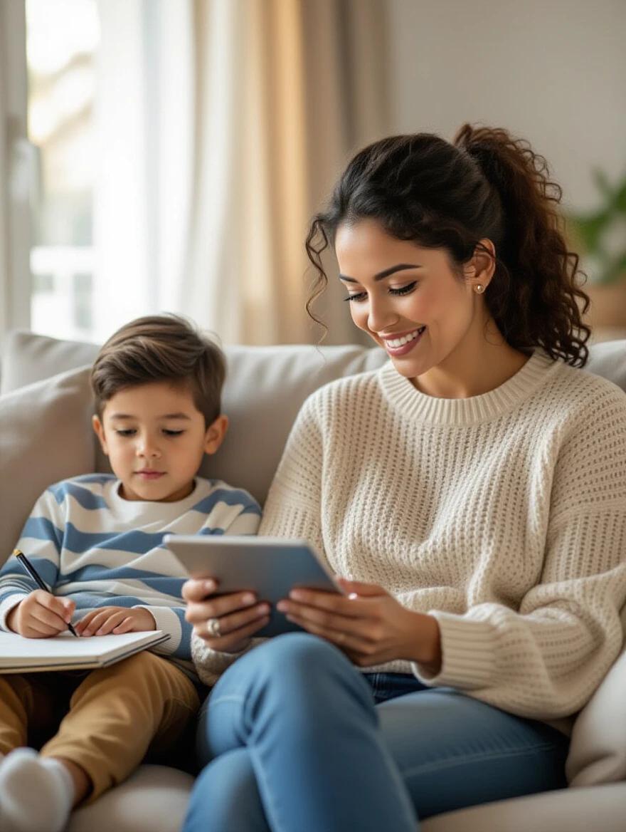 A young Mexican mother sits on a comfortable sofa watching a masterclass on her tablet. She takes notes in a notebook. Her son sits next to her drawing. The room has plenty of natural light. High-quality photography with beautiful natural colors.