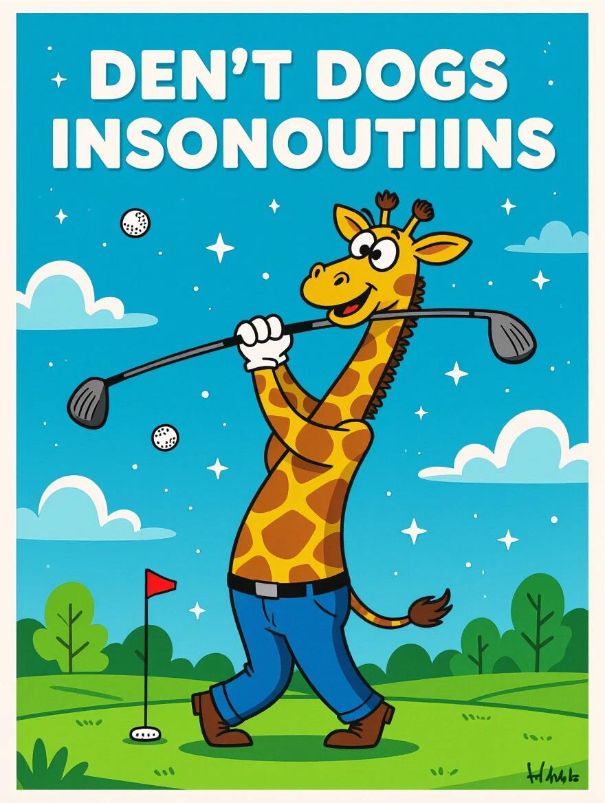 A cartoon giraffe playing golf. The giraffe is smiling and holding a golf club, with a golf ball and a hole in the background. The scene features a bright sky and green grass.