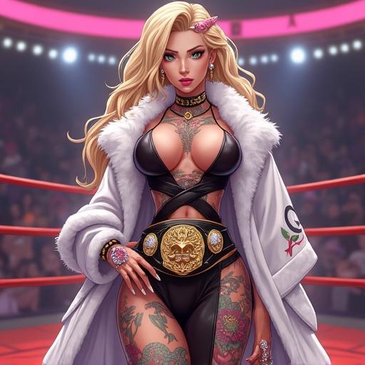 Anime illustration of a futuristic woman inside a martial arts arena. Character is 52 years old with emerald green eyes and oversized light blonde hair. Wearing a modern ninja battle kimono and white mink coat. Featuring tattoos and a championship belt.