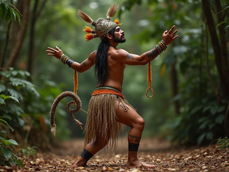 Mayan dancer stands in an energetic pose. Symbolic fabric tail adds to the costume. Black markings on arms show cultural significance. Elastic details on limbs enhance movement. Surrounded by Mayan rainforest greenery. Wears a monkey mask or Mayan headdress.