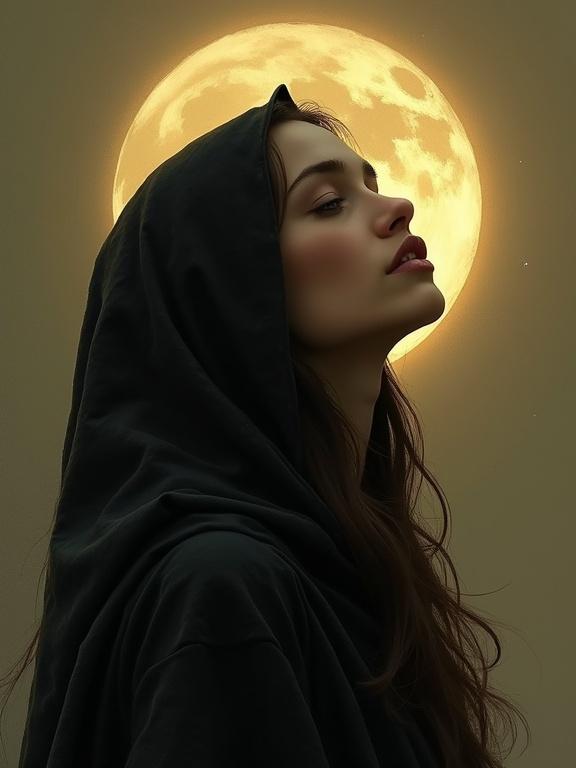 Digital oil painting portrait of a woman in a dark cloak with moonlight. Woman has porcelain skin and deep brown hair. Expression is contemplative and ethereal, capturing the glow of a crescent moon. Background features abstract tones and a soft vignette. Artwork reflects baroque influences with romantic textures and soft brushwork.