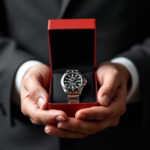 Realistic image of an elegant watch inside a red gift box. A man holds the box with care. Text for Father's Day included.