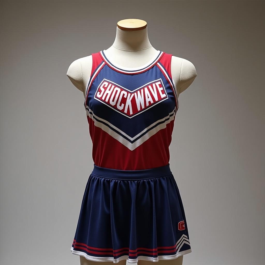 Cheerleading uniform displayed on a mannequin. Features 'SHOCKWAVE' text prominently on the chest. Color combination includes red and navy blue with a skirt format.