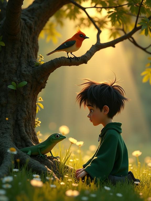 Highly detailed 3D render of a melancholic garden scene featuring a young student with messy black hair and oversized green robe kneeling on dewy grass. Illuminated by golden hour light with a tear-streaked face. A delicate Nightingale perches on an oak branch above, observing with an emerald lizard in the roots smirking. Lighting showcases volumetric golden rays through leaves.