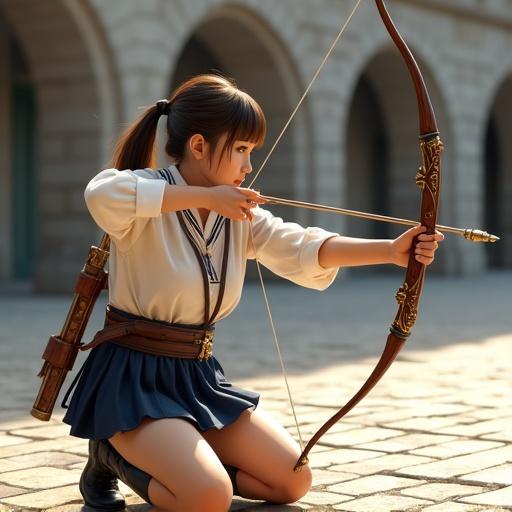 Realistic high school girl archer in a poised shooting stance on a medieval stone plaza. Aiming traditional medieval longbow with focus. Wearing Japanese-style school uniform, navy mini pleated skirt, white blouse, and sturdy boots. Background features castle wall. Bow crafted from dark wood with gold inlay and sapphires. Quiver on back. Warm morning light creates contrast between styles. Calm expression shows mixed heritage. Porcelain skin with rosy undertone. Ultra-high resolution textures capture details.
