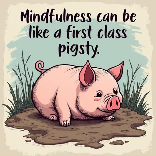 Cartoon pig lounging in pigsty with playful expression. Around it, messy grass and mud. Text above: 'Mindfulness can be like a first class pigsty.'