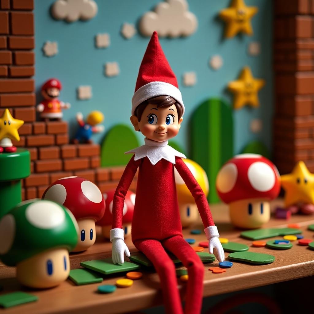 Elf on the shelf character in a Mario video game themed setting. Colorful mushrooms and playful decor. Cheerful holiday atmosphere. Bright and engaging scene.