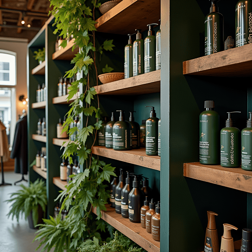 A cozy shop with wooden shelves featuring natural and organic cosmetic products, accented by vibrant green plants.