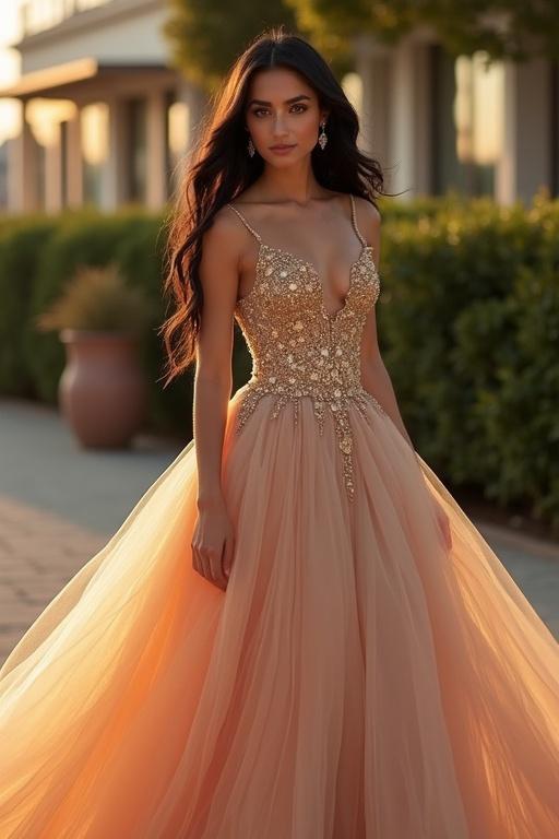 Elegant dress suitable for a wedding. Model in flowing skirt. Sunset background. Ideal for formal occasions. Long black hair. Green eyes. Natural makeup. Subtle jewelry details.