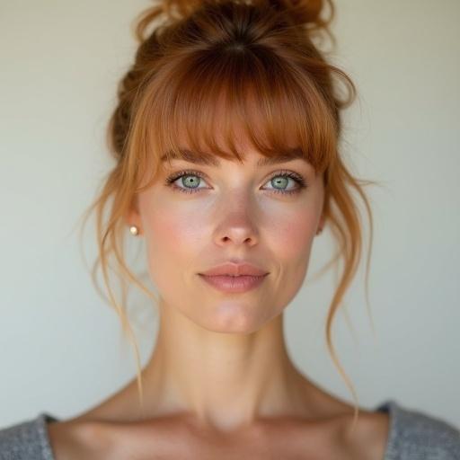 Professional headshot of a young French woman. She has strawberry blonde hair in a tight top bun. There is a warm neutral expression on her face. The lighting is soft with eye catchlights. The backdrop is blurred off-white. The image has a shallow depth of field and a high-quality, cinematic look.