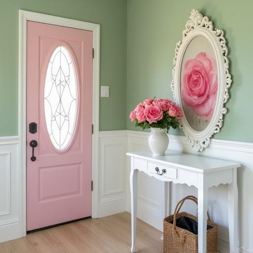 Entryway features light sage green walls and white trim. A pink door with an oval window is visible. A white entryway table supports a pink vintage rose painting in a rococo frame. Above the table is a white rococo oval mirror. A pink rose bouquet decorates the table.