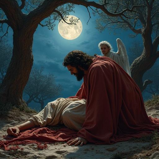 A hyper-detailed painting depicting Jesus Christ in Gethsemane at night. His face shows blood and sweat. His body collapses on the cold ground. Moonlight shines through olive trees. An angel hovers nearby, weeping. The atmosphere radiates sorrow and anguish. Christ's eyes are tearful and looking up, pleading. Surrounding darkness symbolizing mankind's guilt. Realistic textures and intense emotions are present.