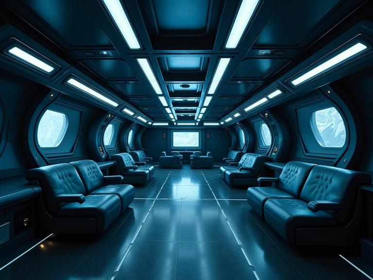 Sleek greyish blue interior of a star cruiser bridge. Dark and atmospheric details with textures and shadows. Soft reflections and cinematic lighting impact.