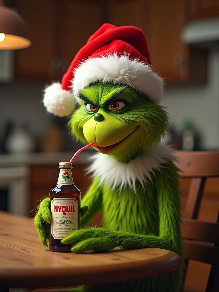 Grinch character wearing Santa hat seated at kitchen table. Grinch drinks a bottle of NyQuil using a straw. Kitchen setting with warm light.