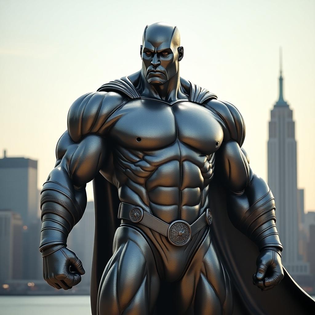 A big muscular superhero made of lead material. Superhero stands confidently in front of a city skyline. The character has a powerful physique and a sleek design.