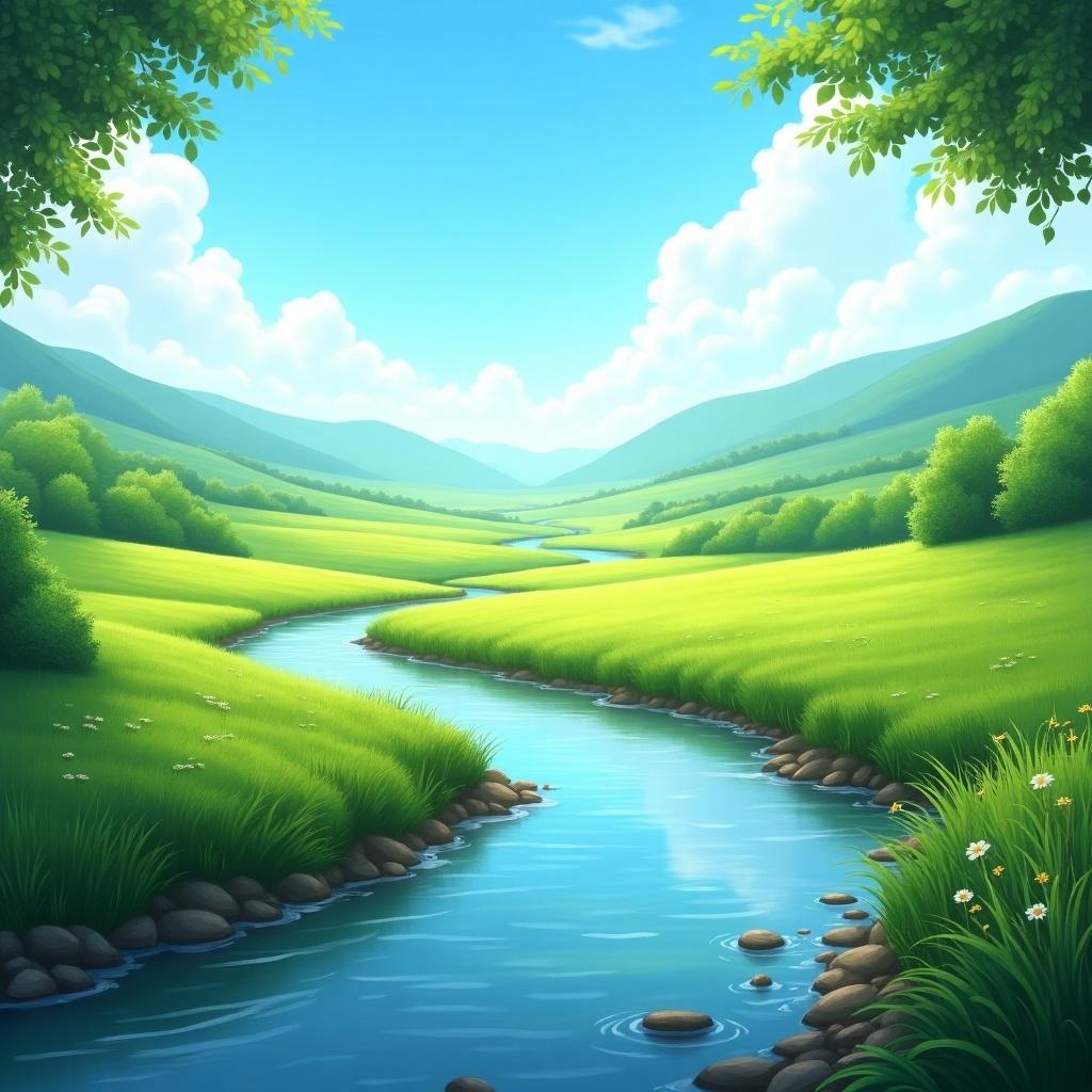 A tranquil landscape featuring a winding river through green hills under a bright blue sky. The scene is lush with trees and vibrant grass, evoking a peaceful atmosphere.