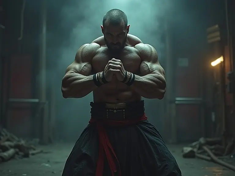 A muscular figure kneels in a dramatic setting. The background is dimly lit with smoke effects. Character wears martial arts clothing with a flair of cyber aesthetics. The pose reflects strength and readiness, captured in cinematic lighting.