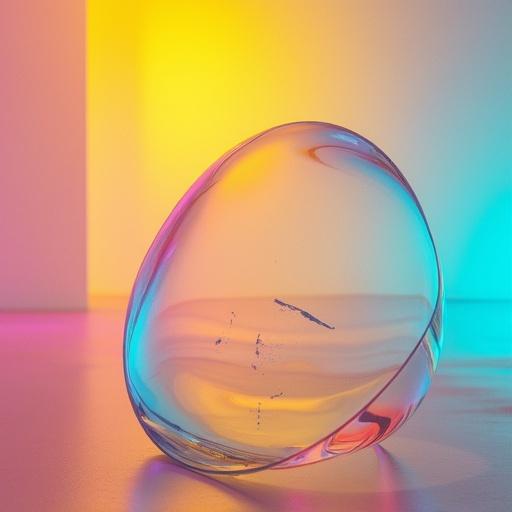 Abstract display of a translucent egg-shaped glass. Features vibrant hues of yellow, pink, and blue. The glass exhibits a smooth, reflective surface. Soft lighting enhances the aesthetics.