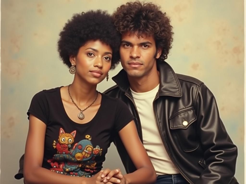 This is a vintage photograph featuring two individuals posing closely together. The woman is wearing a black top with colorful patterns and has her hands resting on her lap. She has short, curly hair and is accessorized with earrings and a necklace. The man next to her is dressed in a shiny black leather jacket over a white shirt, and he has a distinct curly hairstyle. The background is a soft, faded hue which adds a nostalgic touch to the image, giving it an overall warm and classic feel.