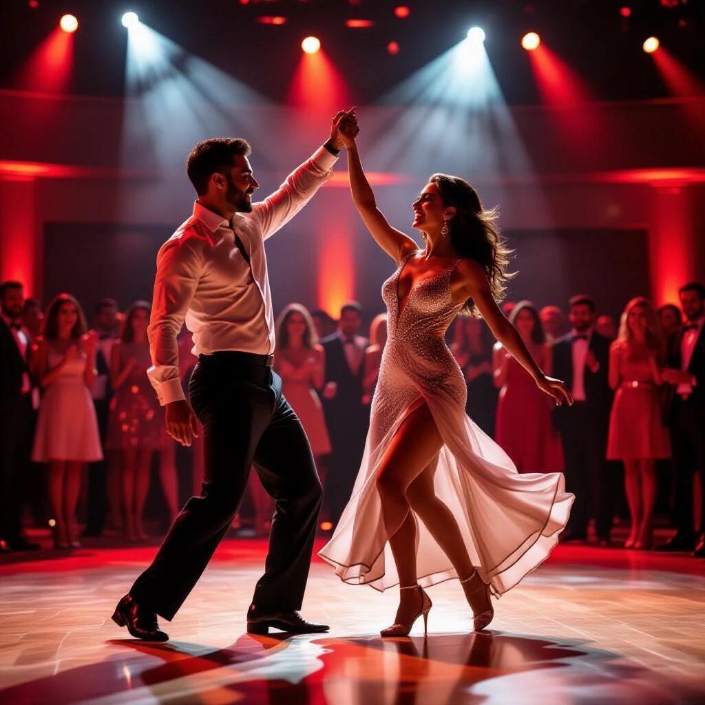 A vibrant dance scene with a couple captivating the crowd on a polished floor. Dramatic lighting creates a lively atmosphere. The man in a fitted white shirt lifts the woman's hand. She wears a sparkling dress emphasizing her figure. Their connection is joyful as they twirl elegantly. Onlookers in the background celebrate the moment. The polished wood floor gleams under the lighting.