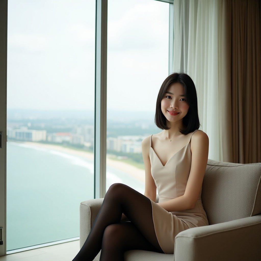 A woman in an elegant dress standing near a large window with a view of the coastline.